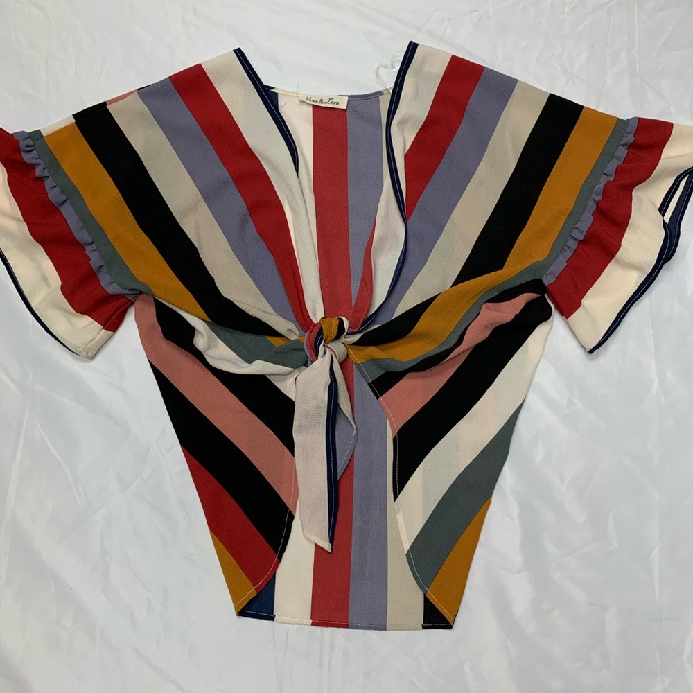 Vine & Love chiffon stripe print tie front blouse